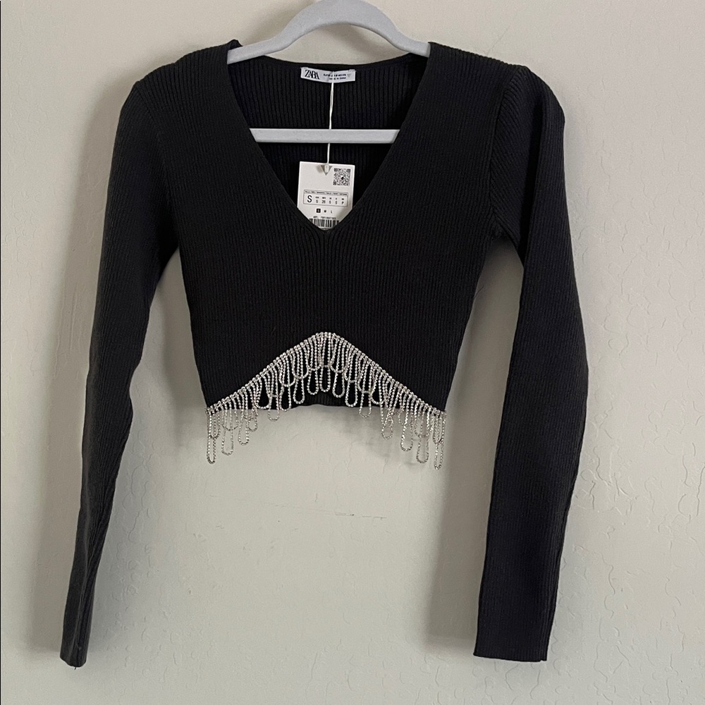 Zara Black Crop Top with Silver Fringe